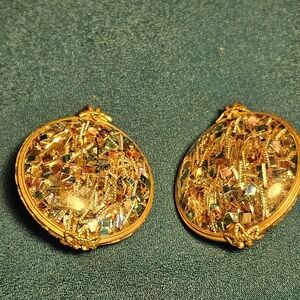 Gold Mosaic Disc Clip-On Earrings - Women Jewelry
